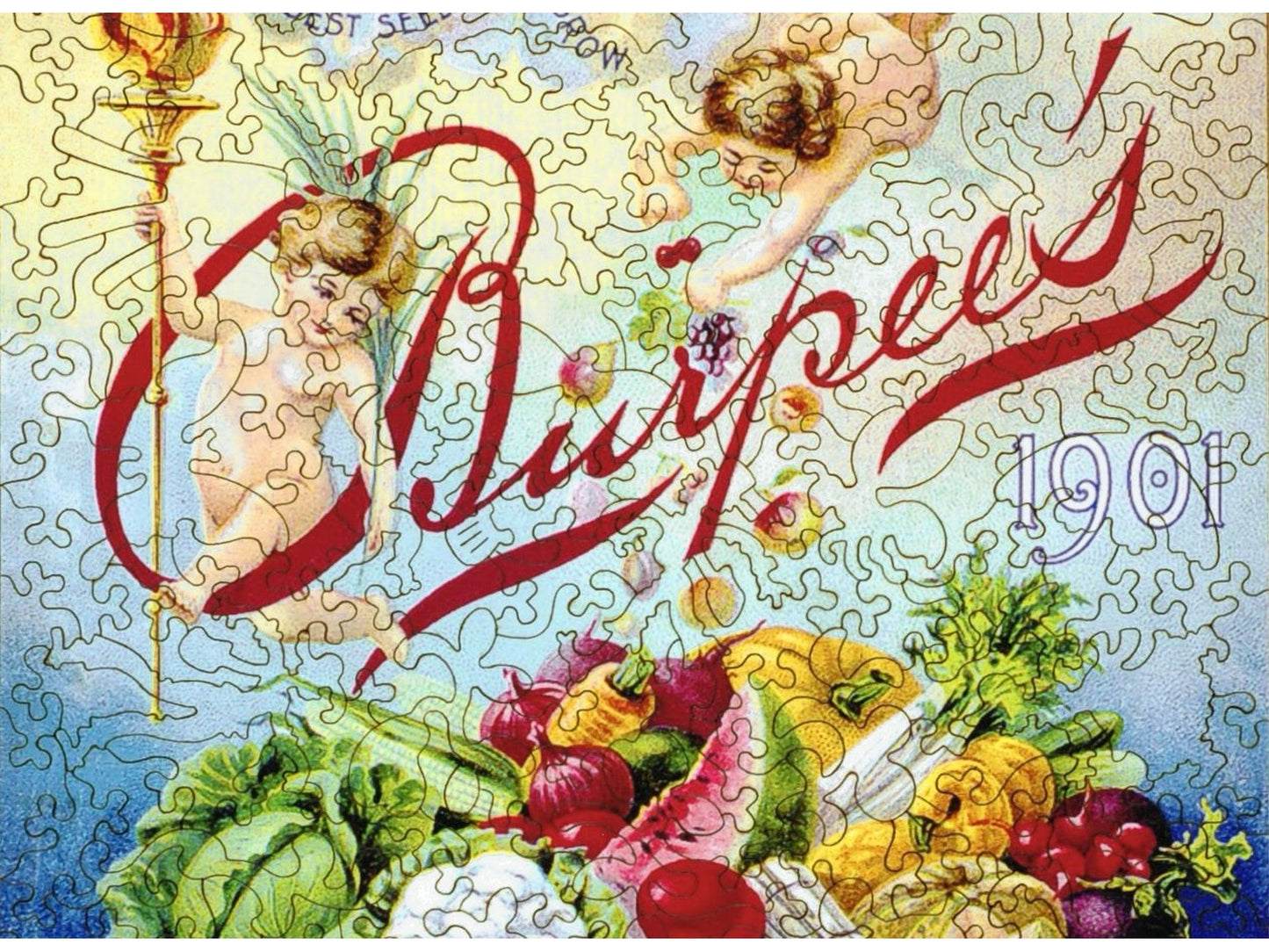 A closeup of the front of the puzzle, Burpee's Seed Packet.