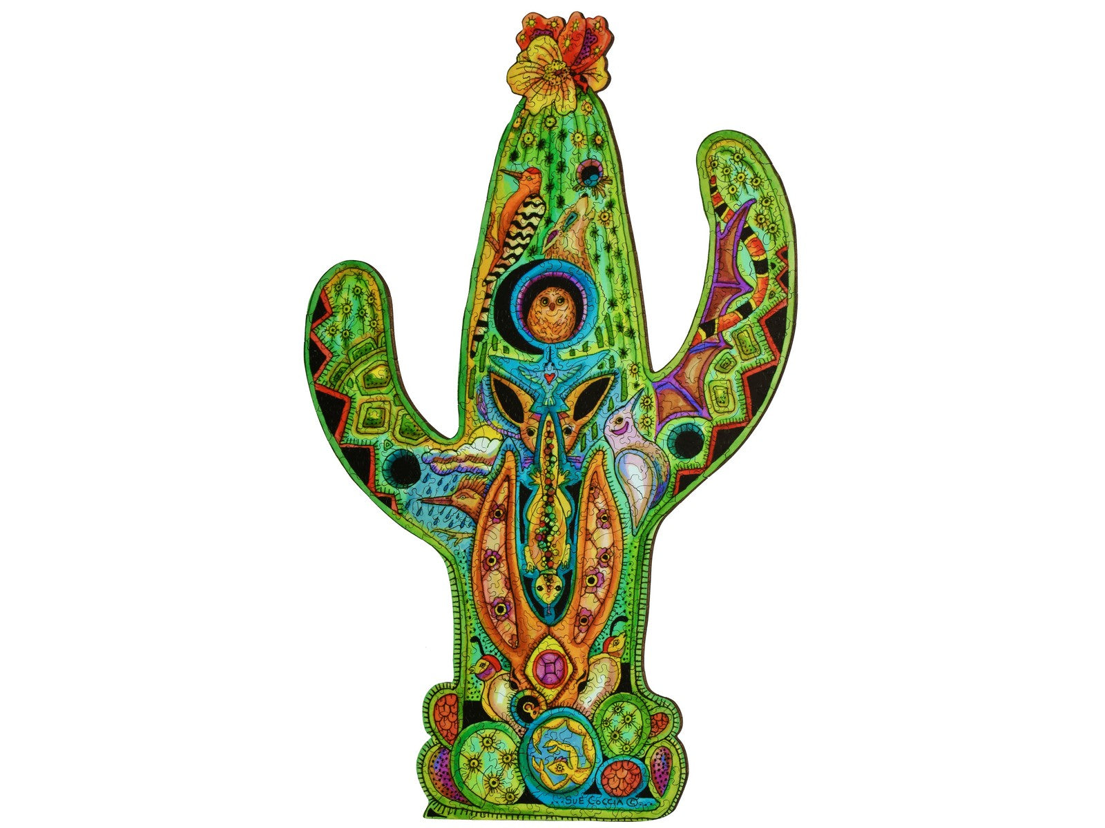 The front of the puzzle, Cactus, which shows various desert plants and animals, in the shape of a cactus.