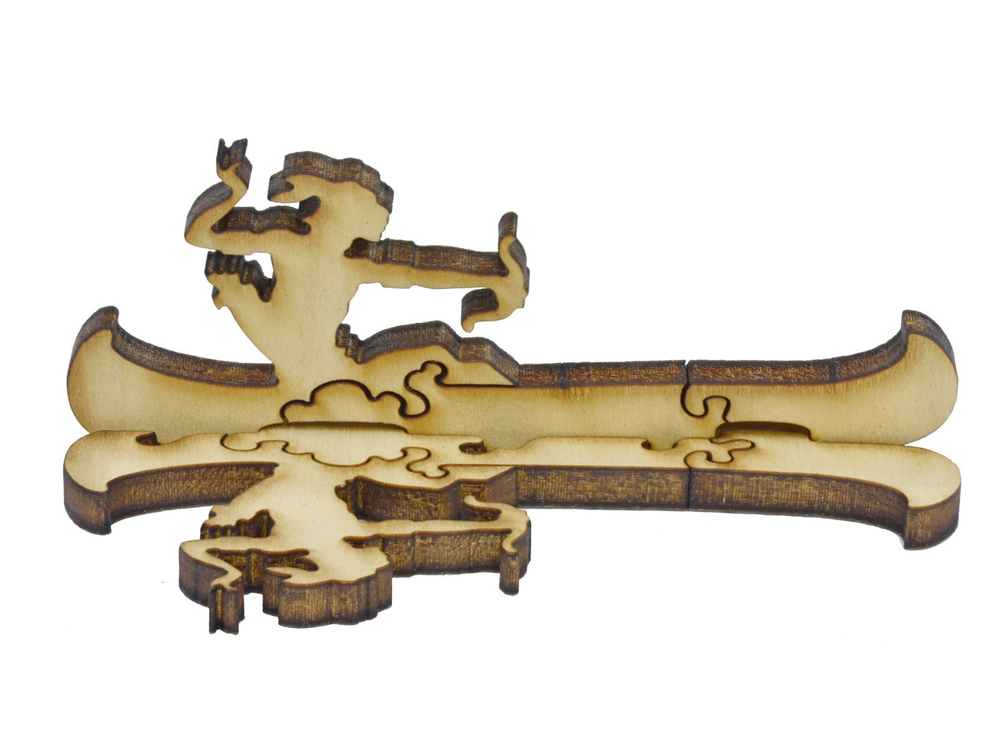 A closeup of pieces in the shape of a warrior in a canoe.