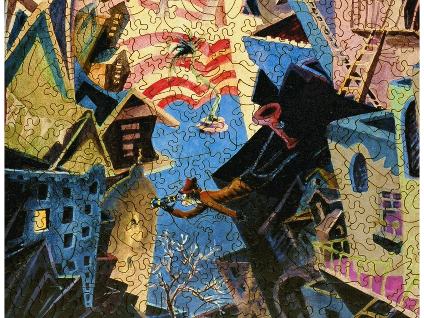 A closeup of the front of the puzzle, Cat Detective in the Wrong Part of Town.