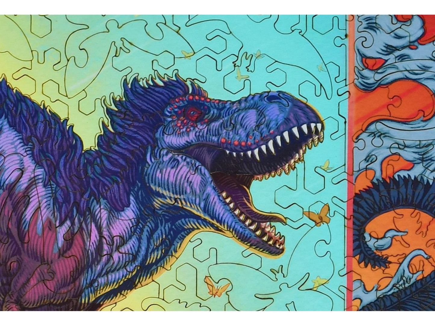 A closeup of the front of the puzzle, Chasing Butterflies 66 Mya, showing the detail in the pieces.
