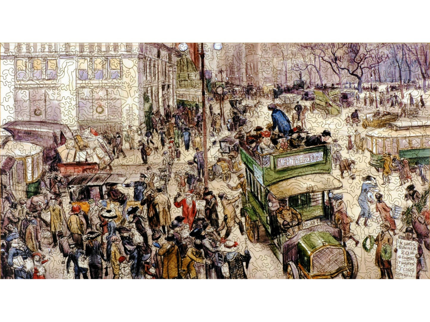 The front of the puzzle, Christmas Shoppers, Madison Square, which is a drawing of a busy street scene in New York City near Chriatmastime.