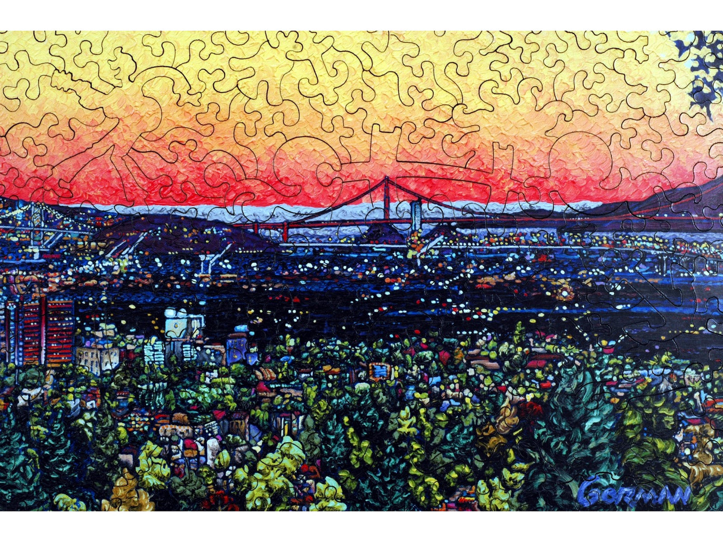 A closeup of the front of the puzzle, City Sunset, showing the detail in the pieces.