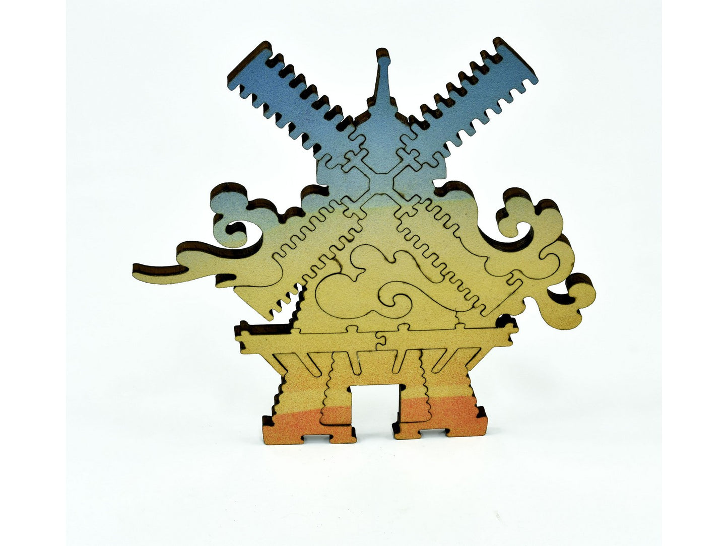 A closeup of pieces in the shape of a windmill.