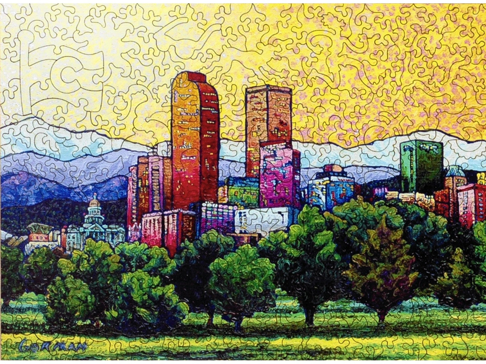 A closeup of the front of the puzzle, Denver Cityscape.