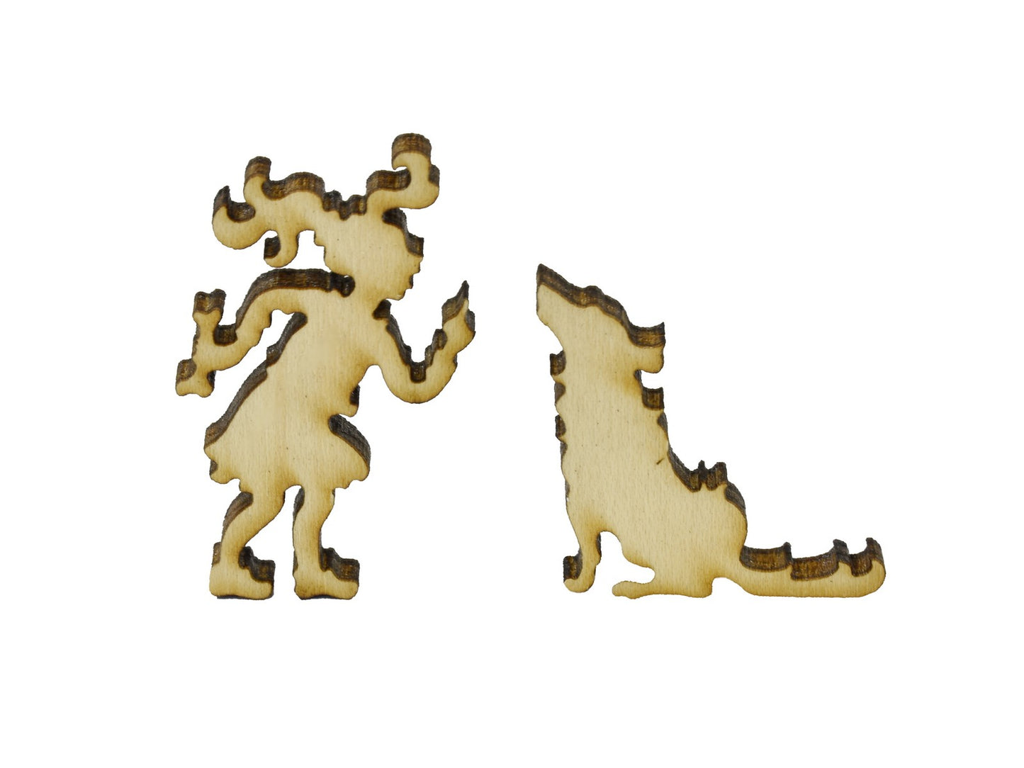 A closeup of pieces in the shape of a girl and a dog.