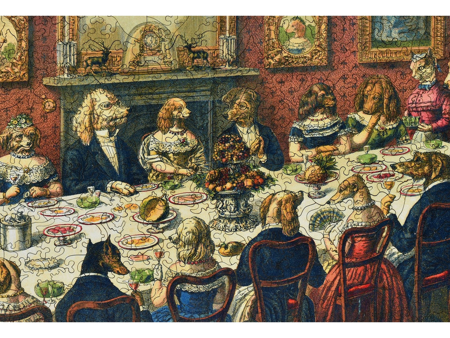 A closeup of the front of the puzzle, The Dogs Dinner Party, showing the detail in the pieces.