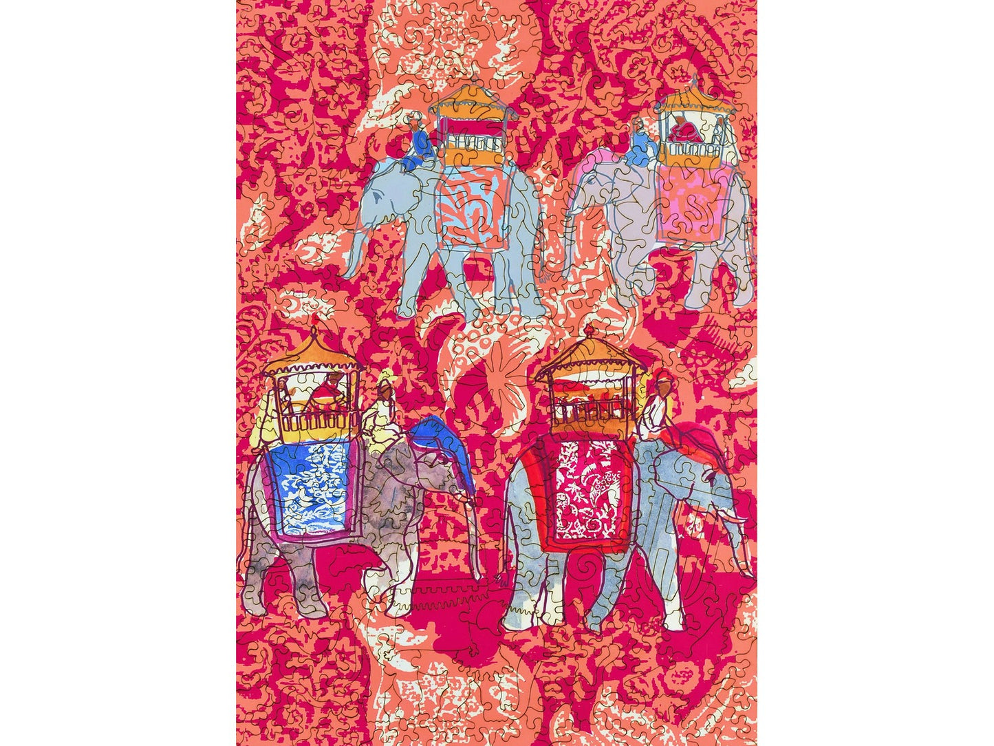The front of the puzzle, Elephants, which shows four elephants on a bright textile background.