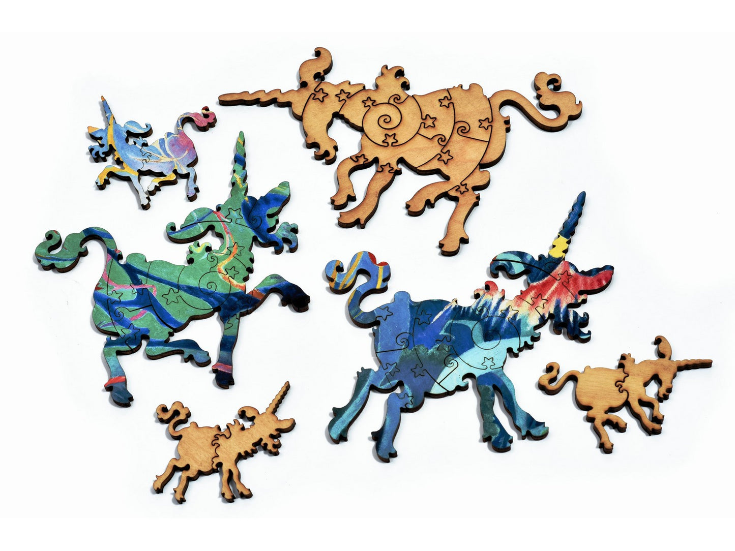 A closeup of pieces in the shape of unicorns.