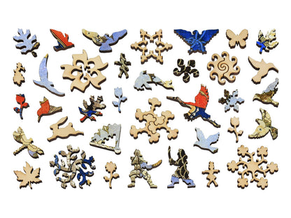 The whimsy pieces that can be found in the puzzle, Falcon and the Cherry Tree.