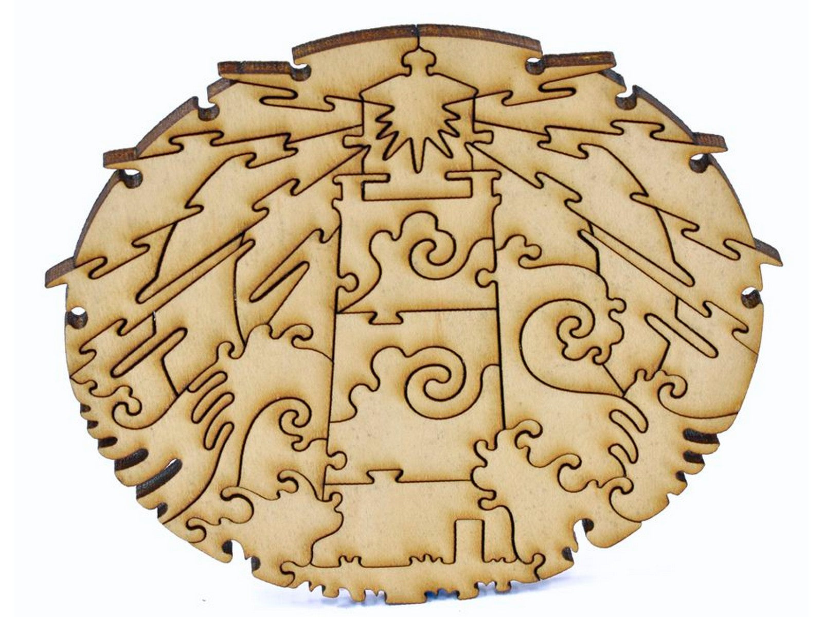 A closeup of pieces in the shape of a lighthouse.