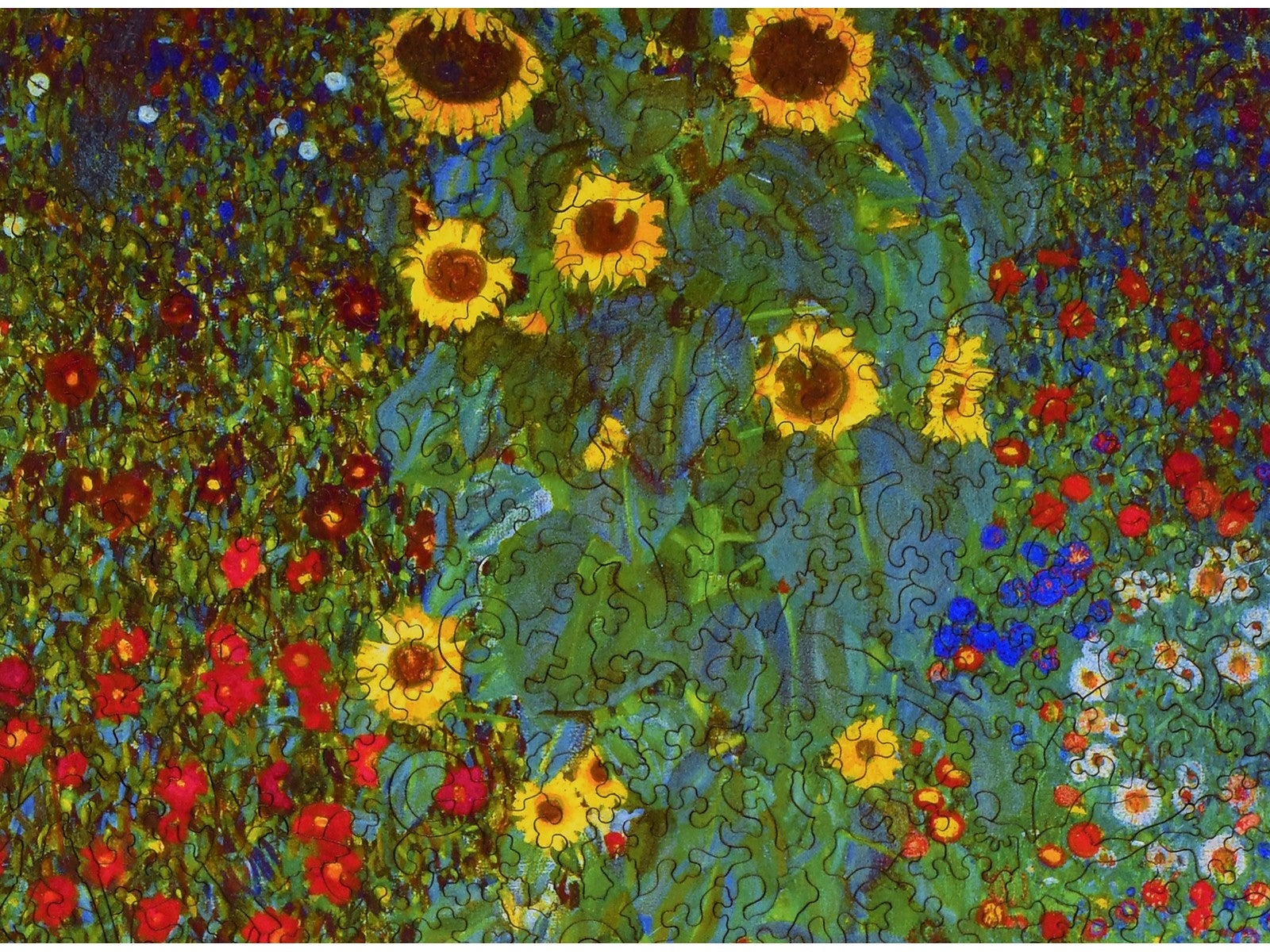 A closeup of the front of the puzzle, Farm Garden with Sunflowers.