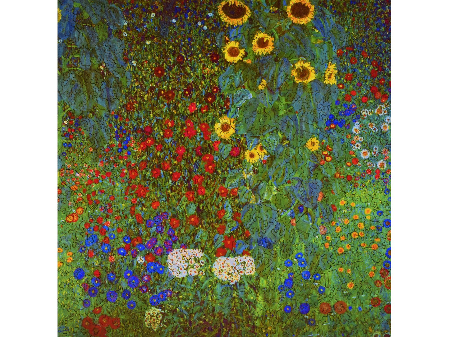 The front of the puzzle, Farm Garden with Sunflowers, which shows lots if different colored flowers in a garden.