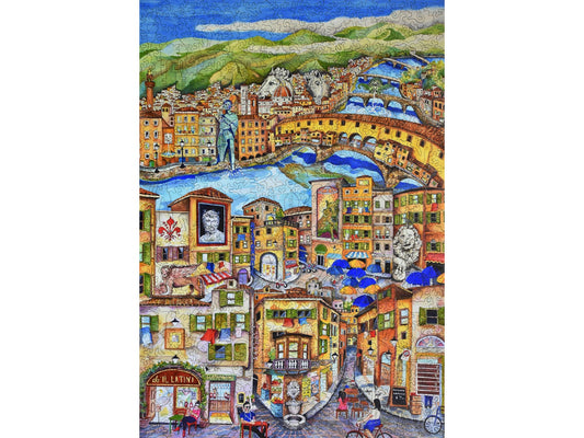 The front of the puzzle, Florence, which shows a city by a river.