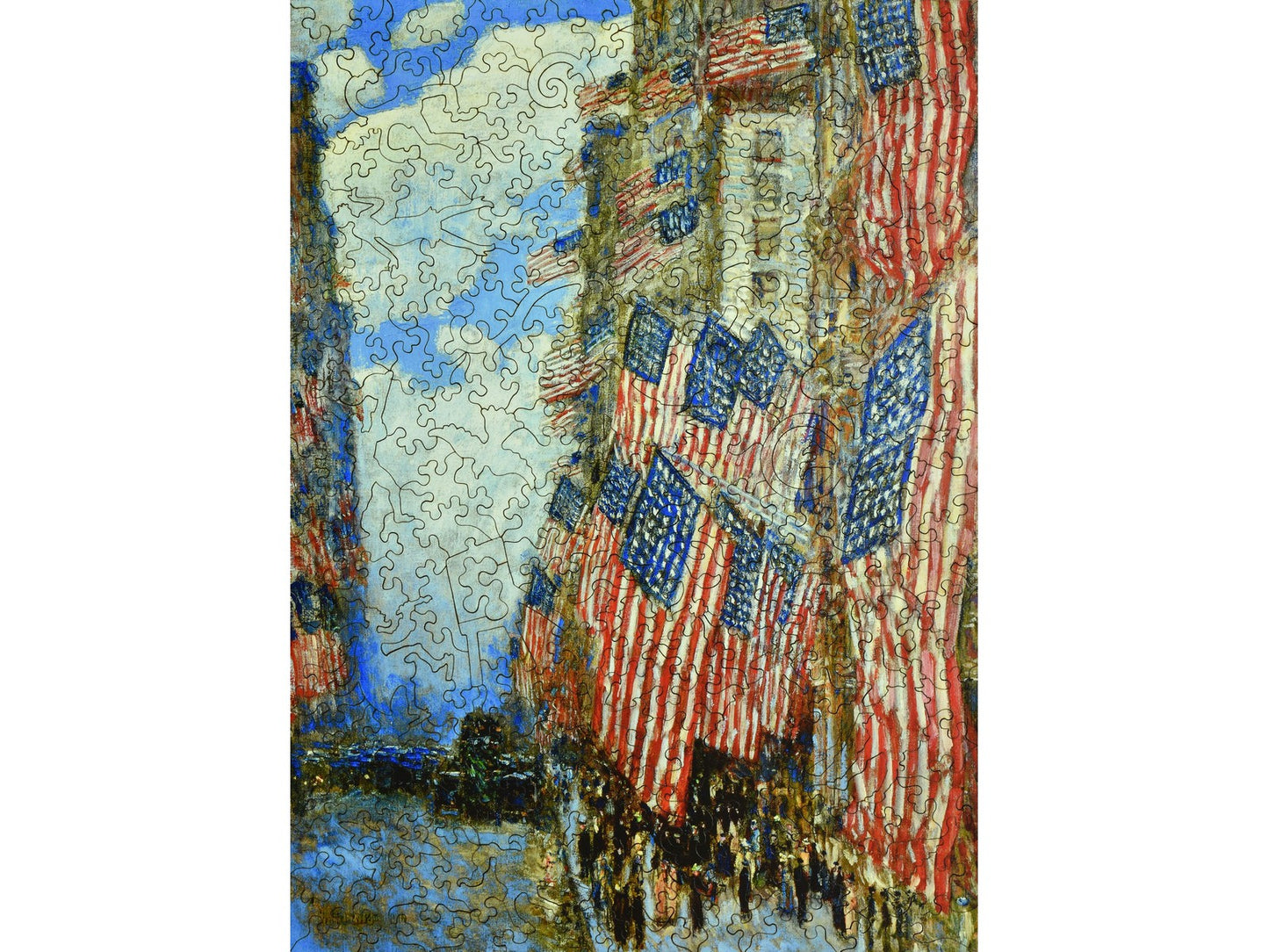 The front of the puzzle, Fourth of July, 1916, which shows buildings covered in American flags on a city street.