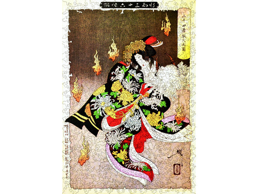 The front of the puzzle, The Foxfires in Nijushiko, which shows a woman surrounded by small fires.