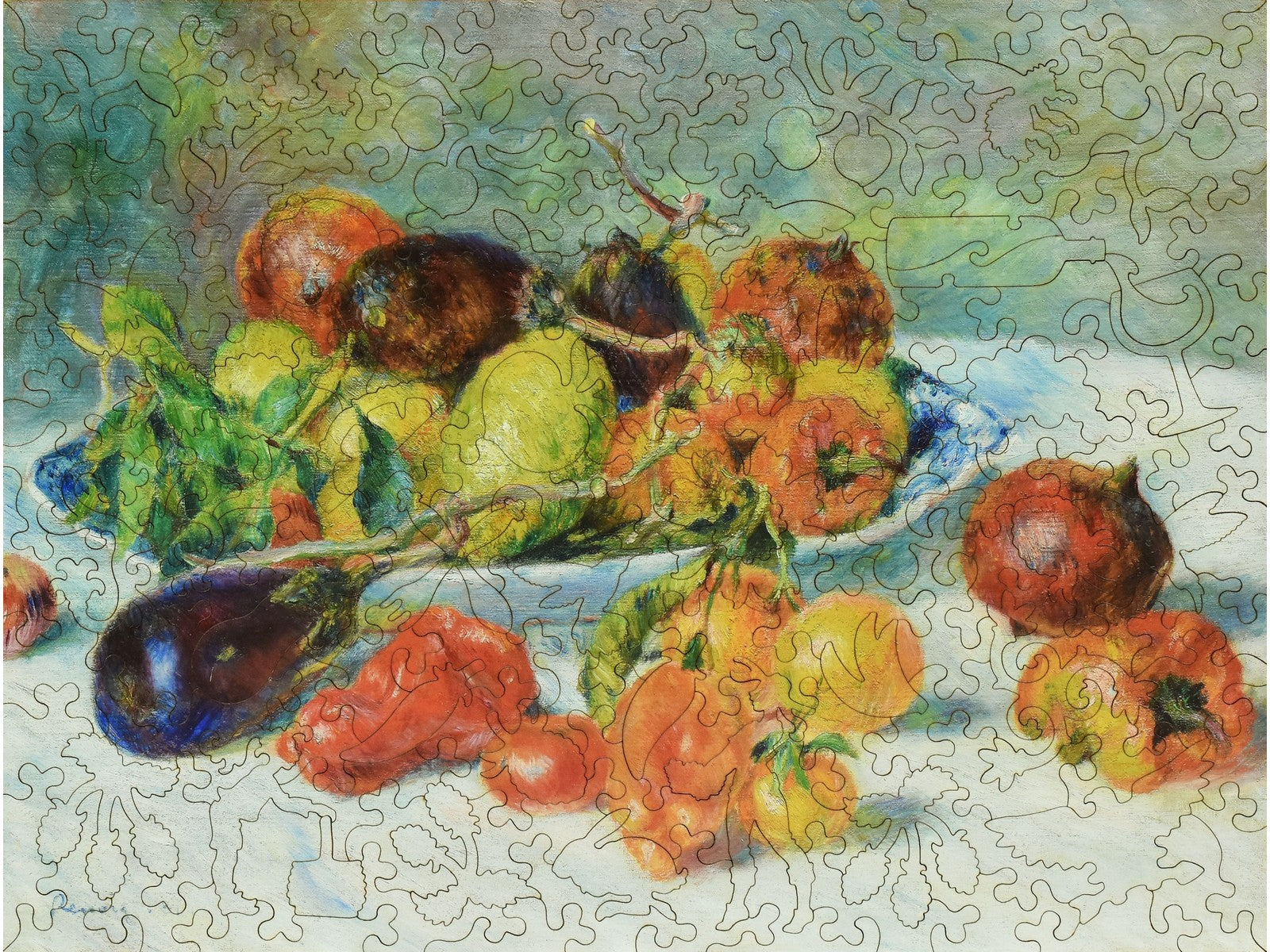 The front of the puzzle, Fruits of the Midi, which shows a bowl of fruit and vegetables.