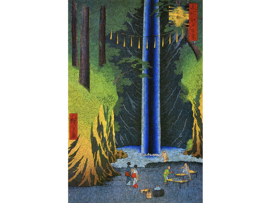 The front of the puzzle, Fudo Falls, Oji, which shows a waterfall in the forest and people bathing in the pool.
