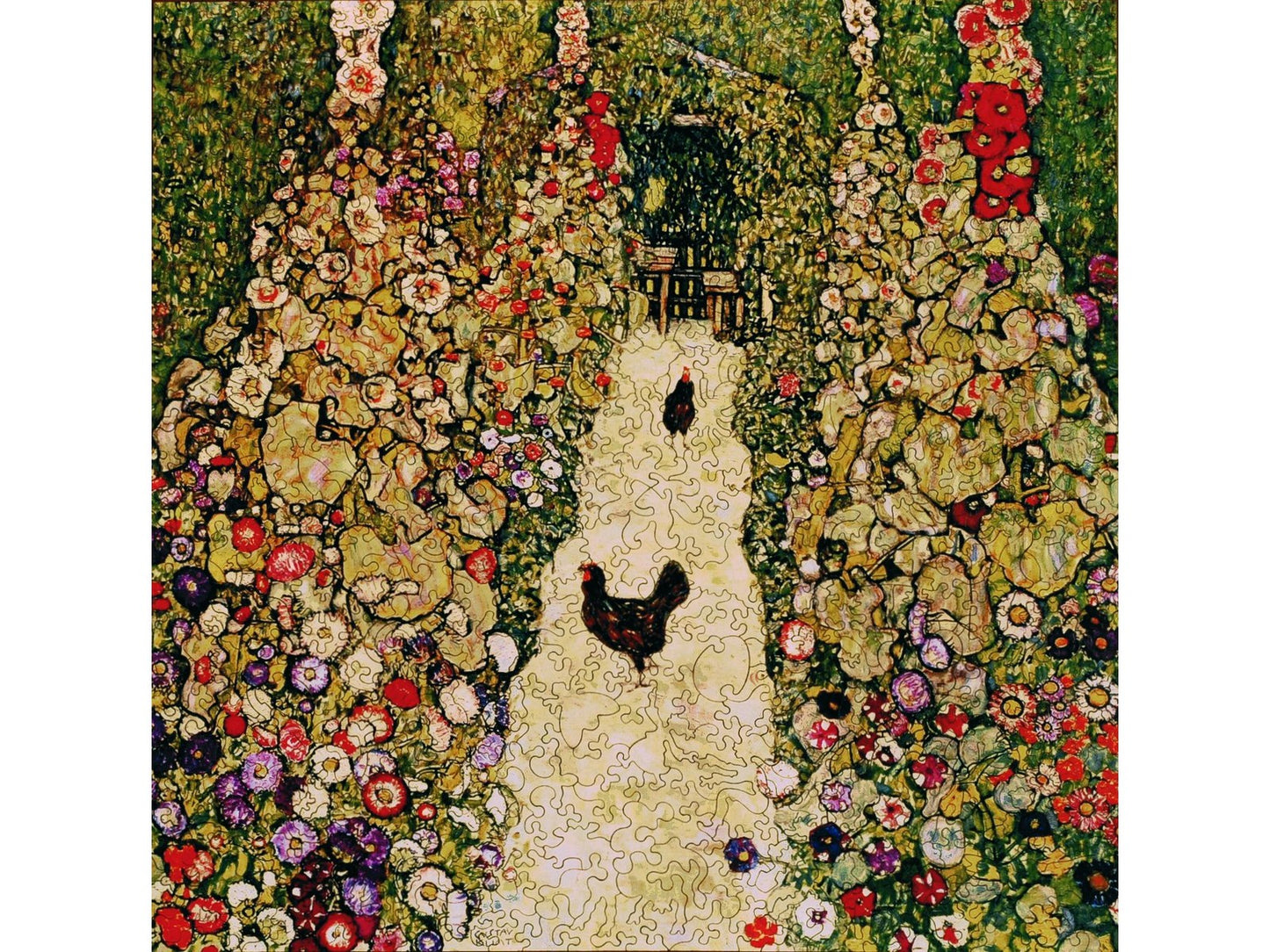 The front of the puzzle, Garden Path with Chickens, which shows an abstract painting of two chickens on a path surrounded by hedges of flowers.