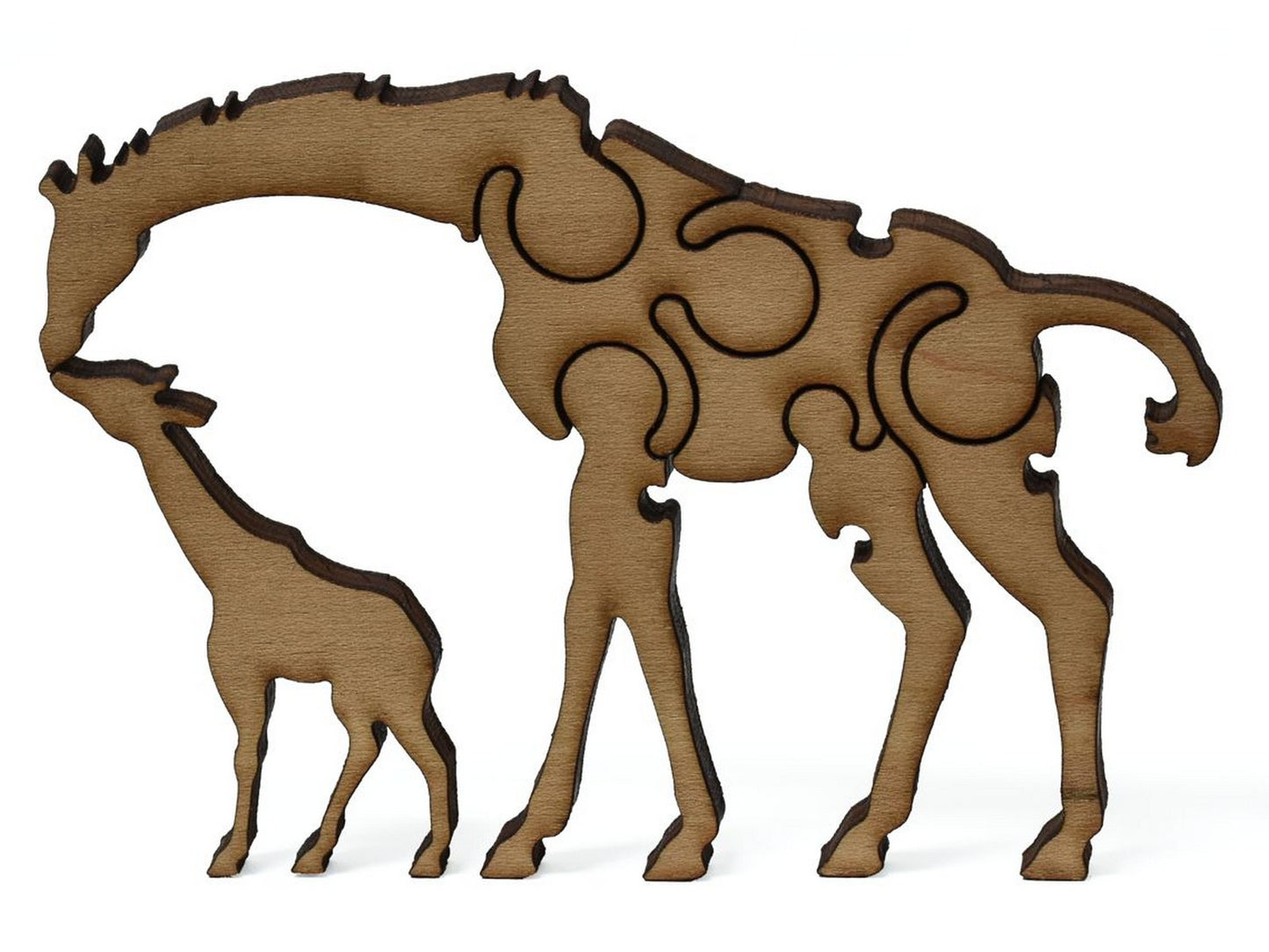 A closeup of pieces showing a giraffe with its baby.
