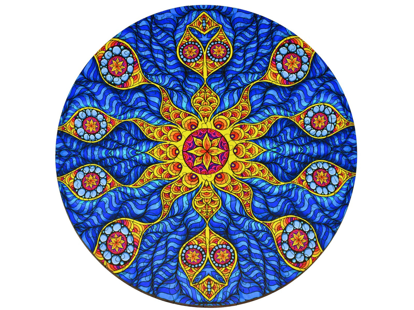 The front of the puzzle, High Sierra, witch shows a colorful abstract pattern in blue and yellow.