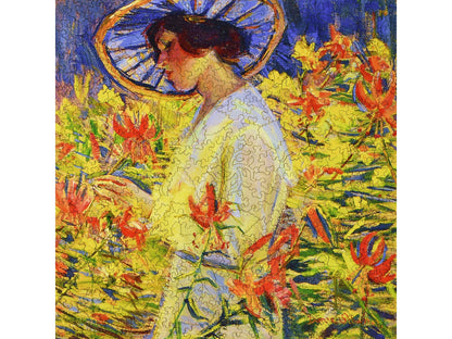 The front of the puzzle, In the Garden, which shows a woman in a garden full of flowers.