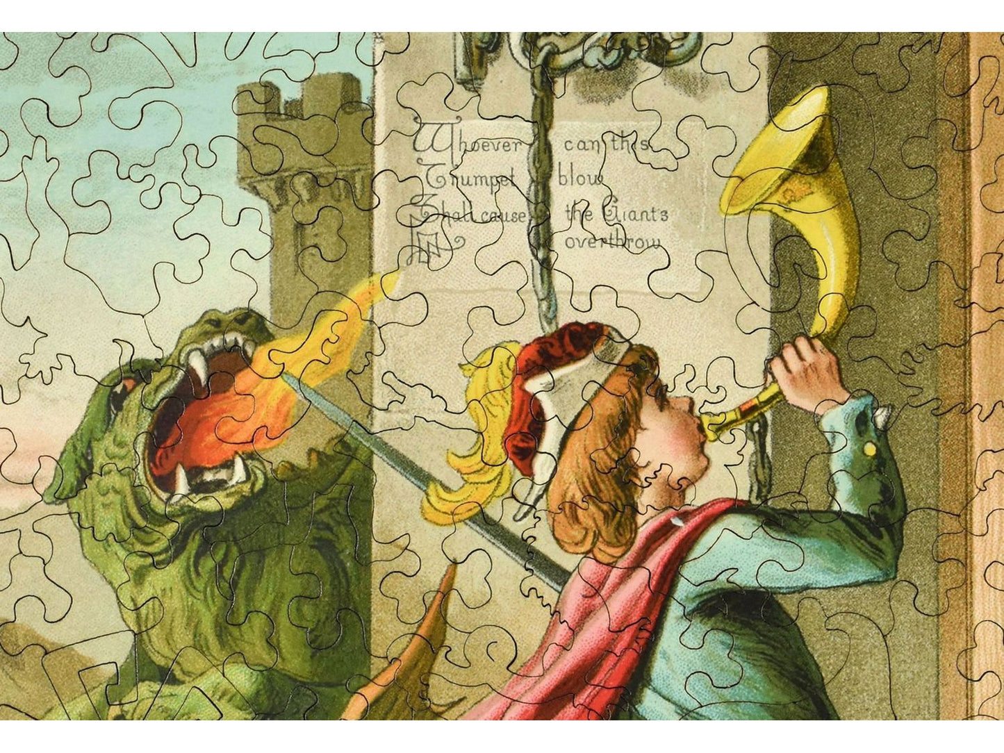 A closeup of the front of the puzzle, Jack the Giant Killer.