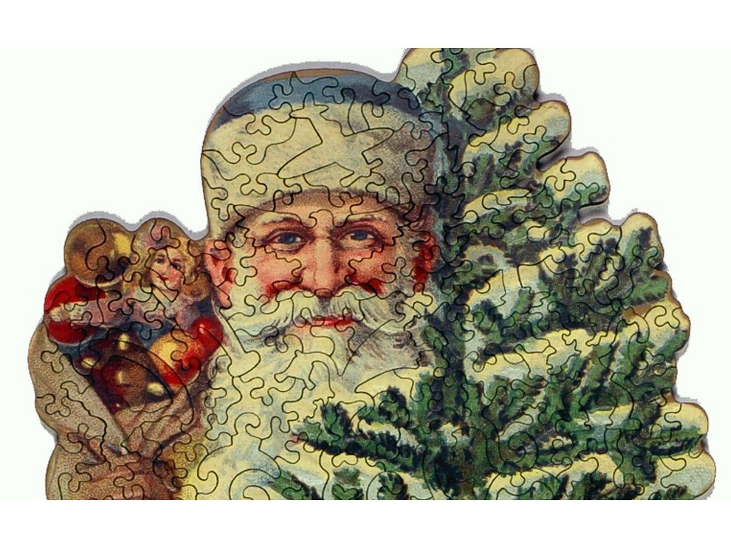 A closeup of the front of the puzzle, Joyful Yellow Santa.