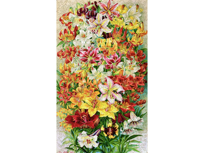 The front of the puzzle, Lilies, which shows a huge bouquet of different colored lilies.