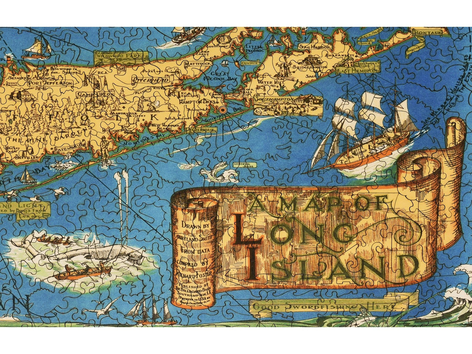 A closeup of the front of the puzzle, Map of Long Island, showing the detail in the pieces.