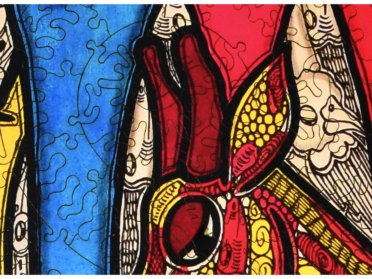 A closeup of the front of the puzzle, Lovers, showing the detail in the pieces.