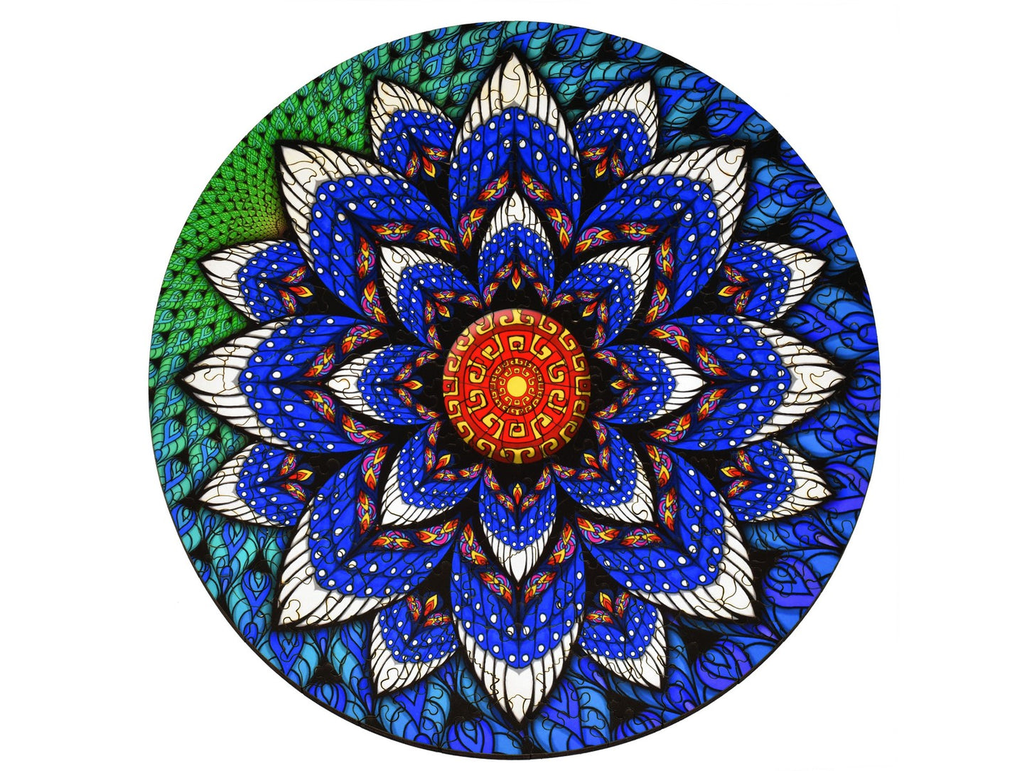 The front of the puzzle, Magpie, which shows a colorful abstract mandala with feathers.