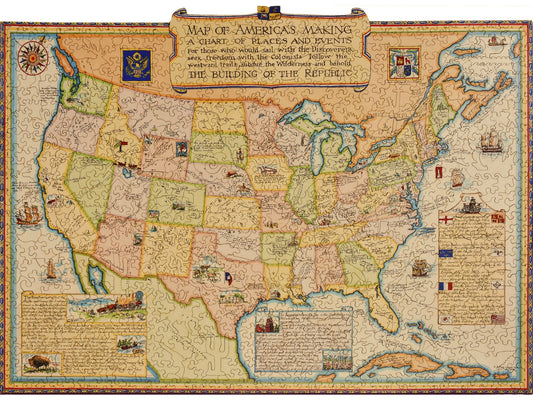The front of the puzzle, Map of America's Making, which shows an antique map of the united states.