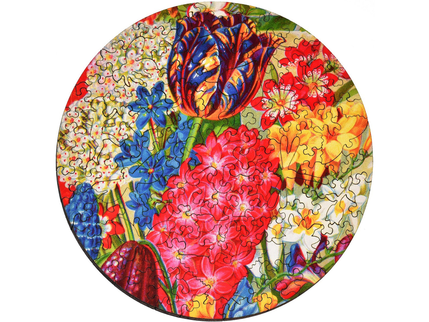 The front of the puzzle, Mayflower Premium Bulbs, which shows lots of colorful springtime flowers.