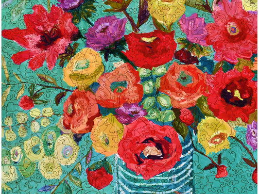 A closeup of the front of the puzzle, Mel's Belles, showing the detail in the pieces.