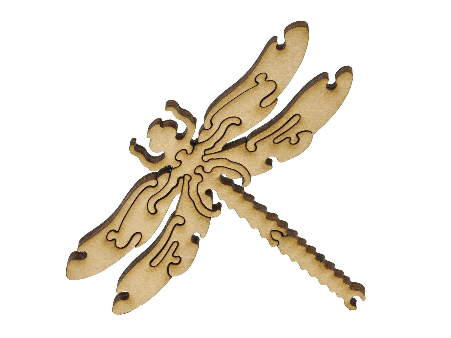 A closeup of pieces in the shape of a dragonfly.