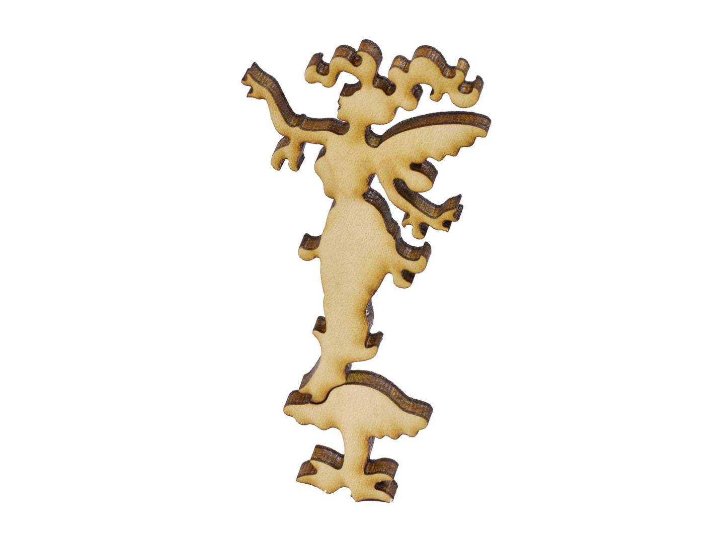 A closeup of pieces in the shape of a fairy.