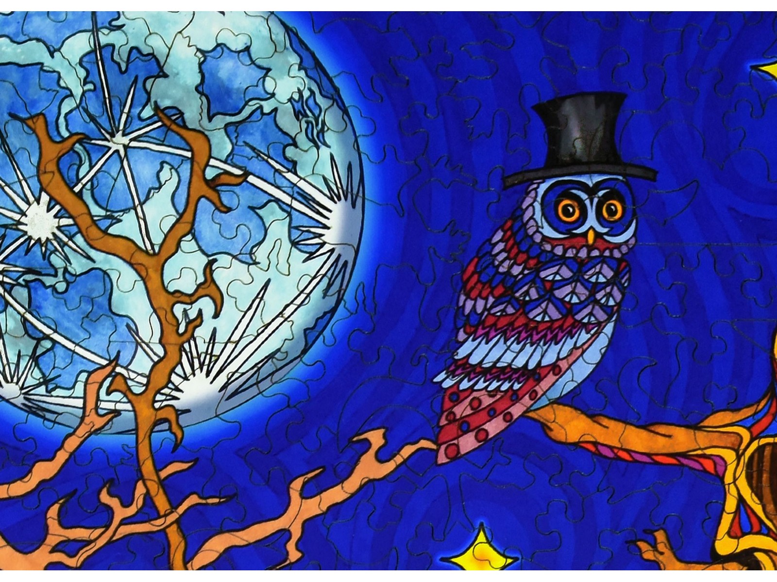 A closeup of the front of the puzzle, The Night Owls.