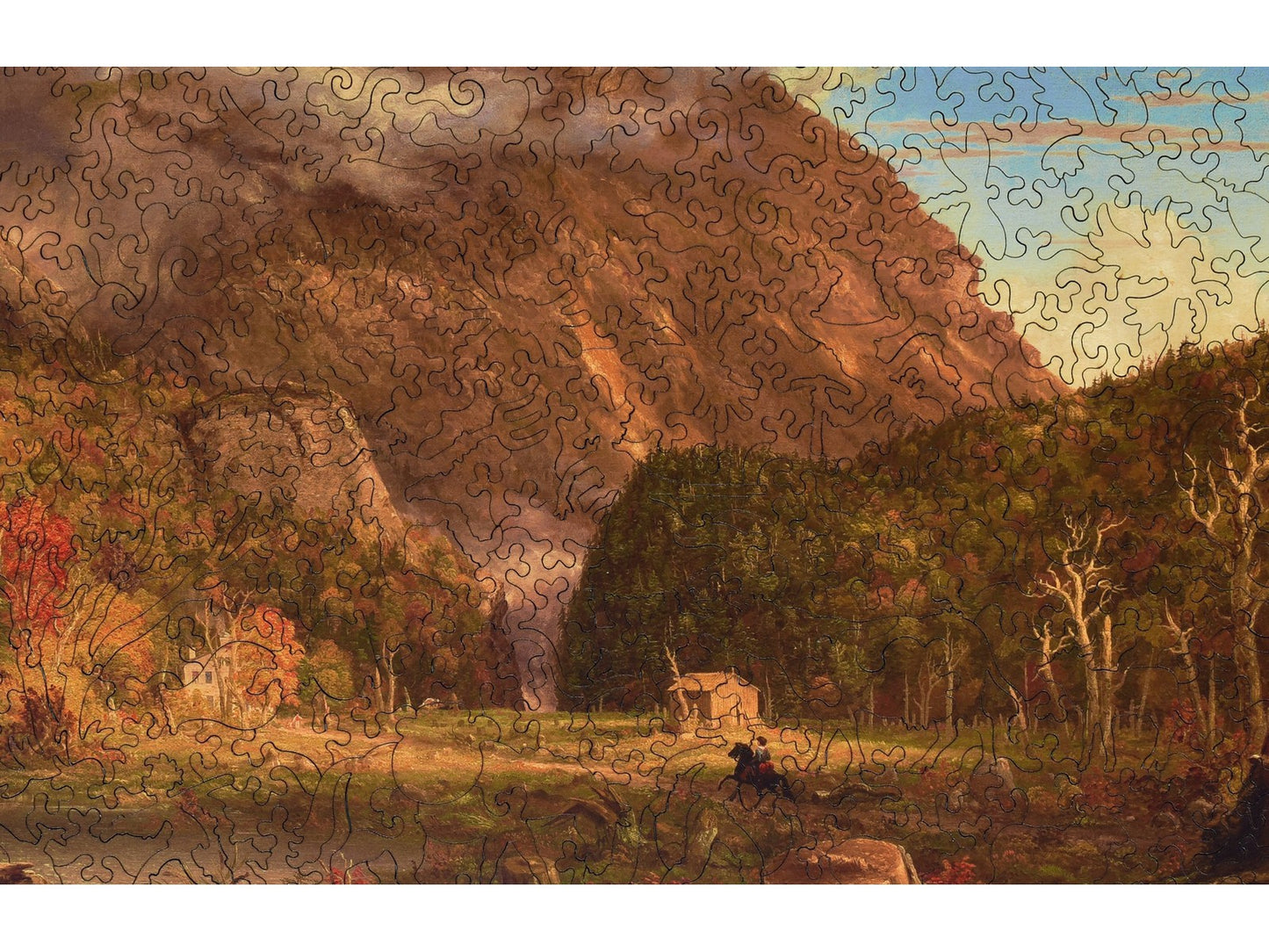 A closeup of the front of the puzzle, The Notch of the White Mountains, showing the detail in the pieces.