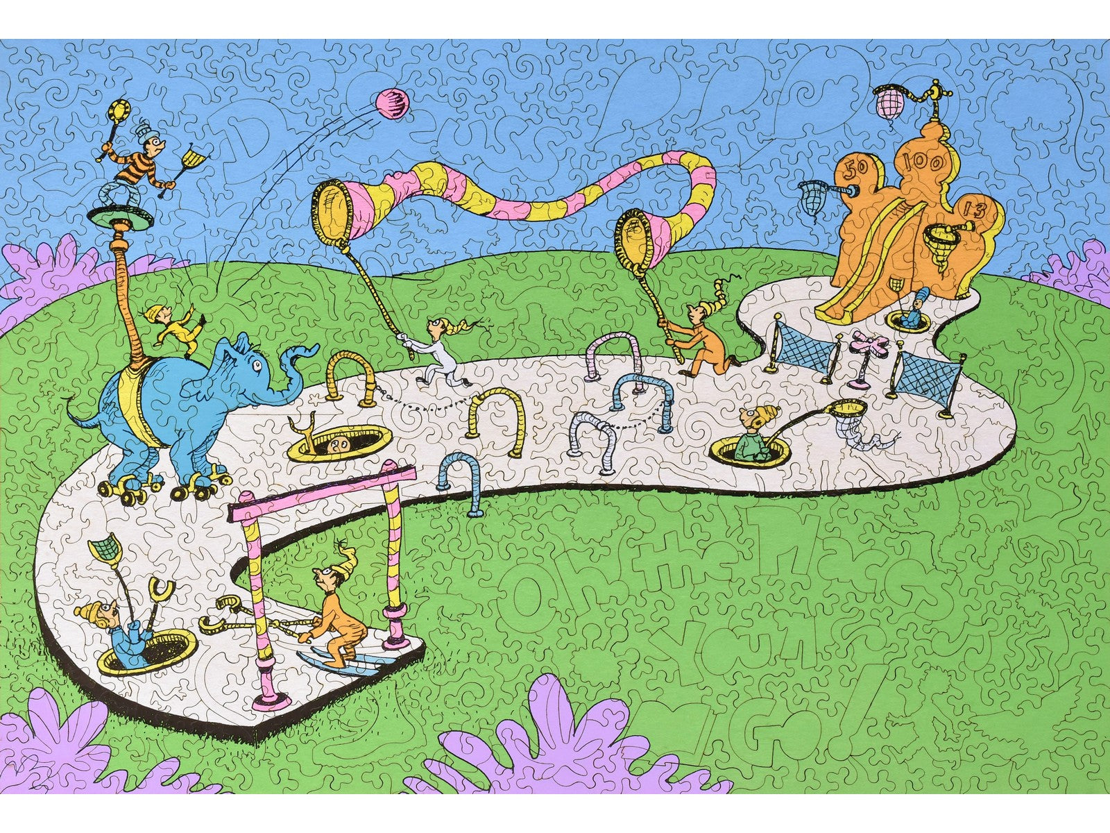 The front of the puzzle, Oh, the Places You'll Go, which shows a group of people playing a game.