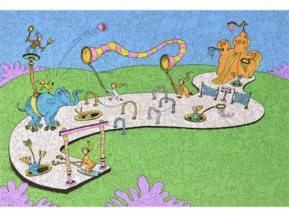 The front of the puzzle, Oh, the Places You'll Go, which shows a group of people playing a game.