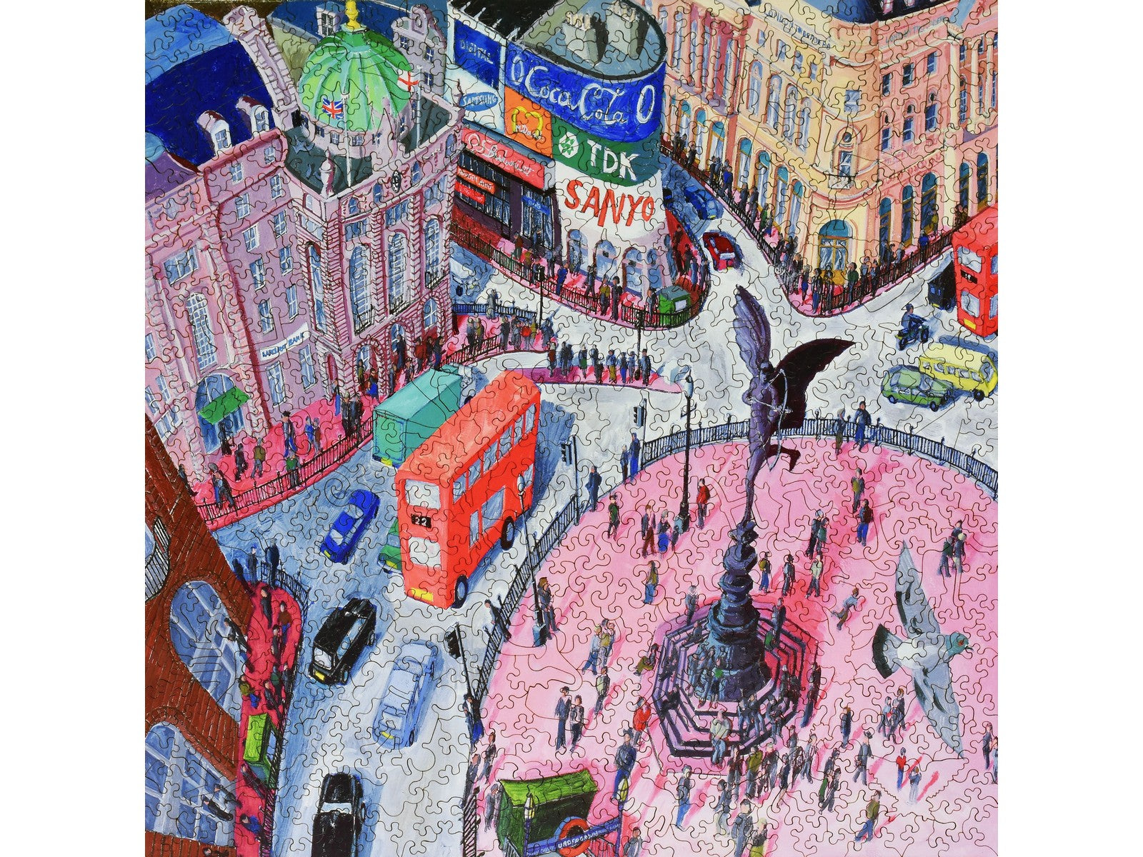 The front of the puzzle, Piccadilly Circus, which shows a busy city square in London.