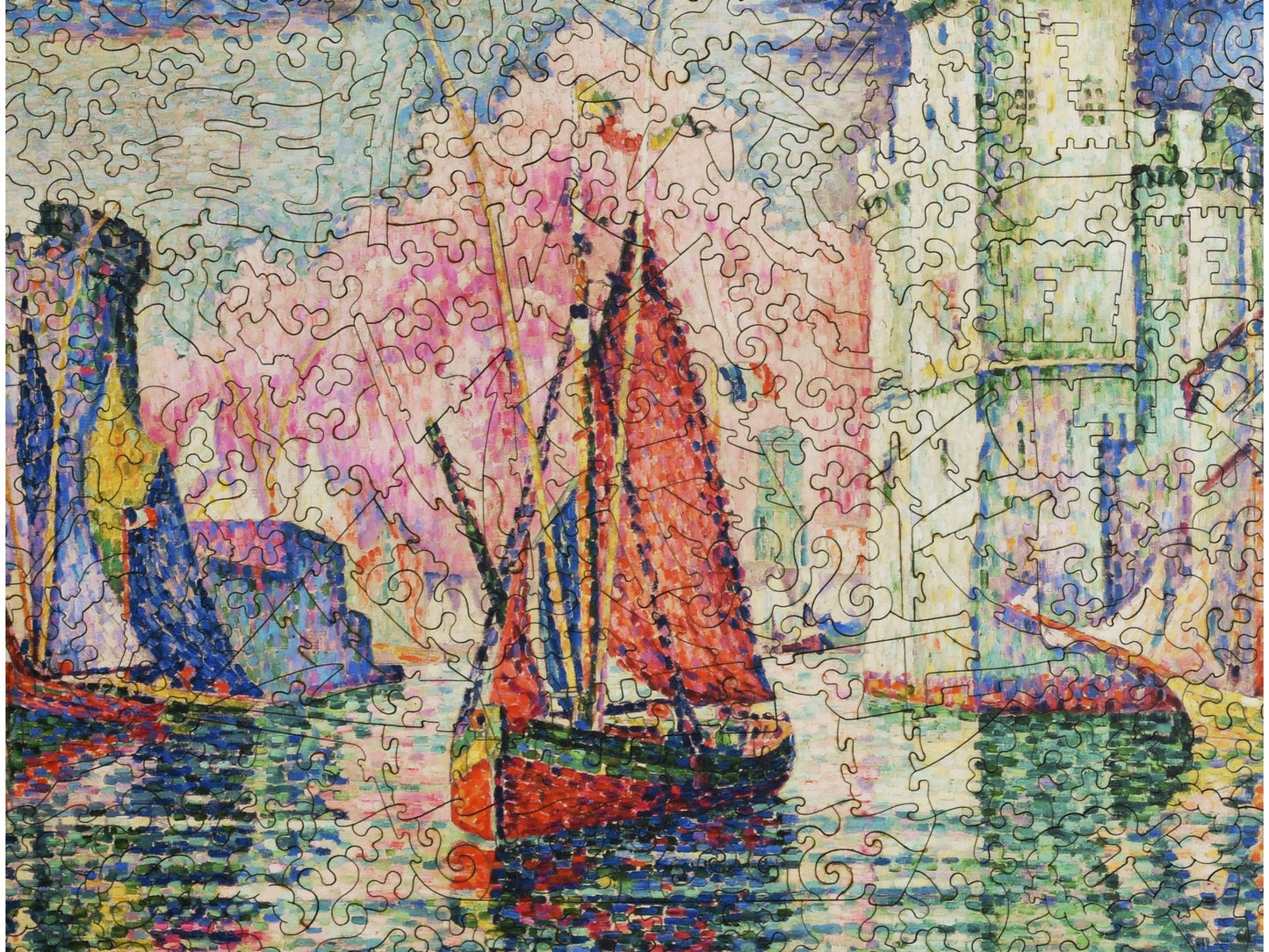 A closeup of the front of the puzzle, Port of La Rochelle, showing the detail in the pieces.