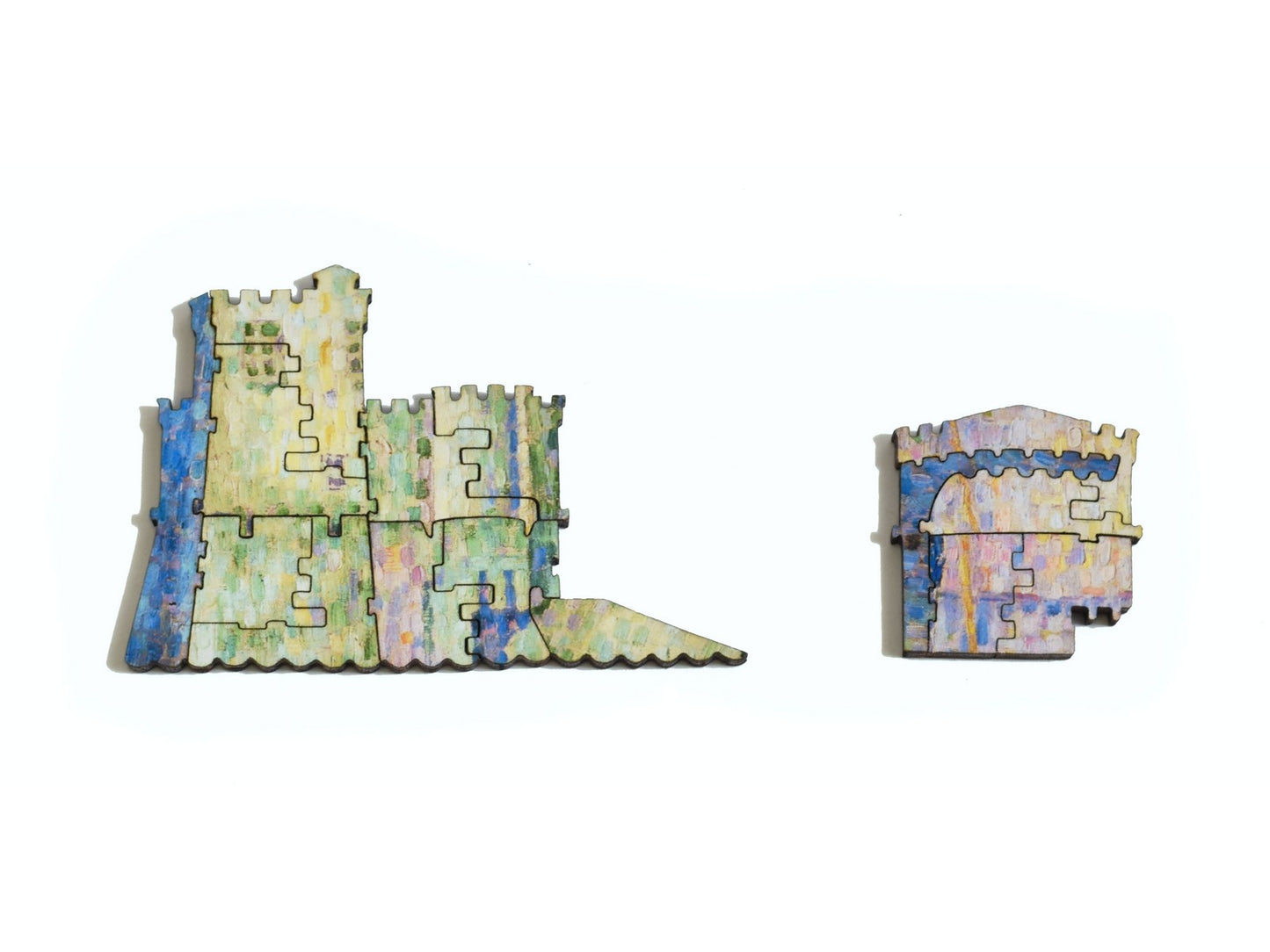 A closeup of pieces in the shape of a castle.