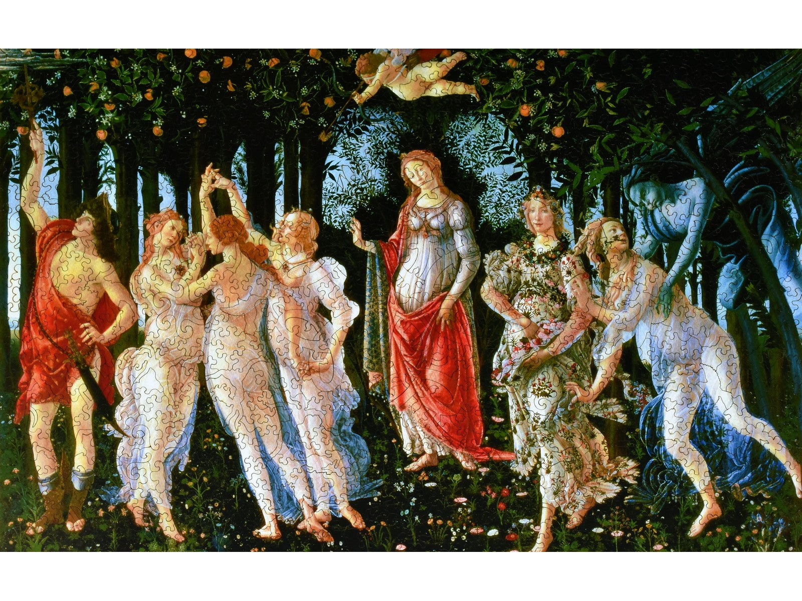 The front of the puzzle, Primavera, which shows people standing in a forest.