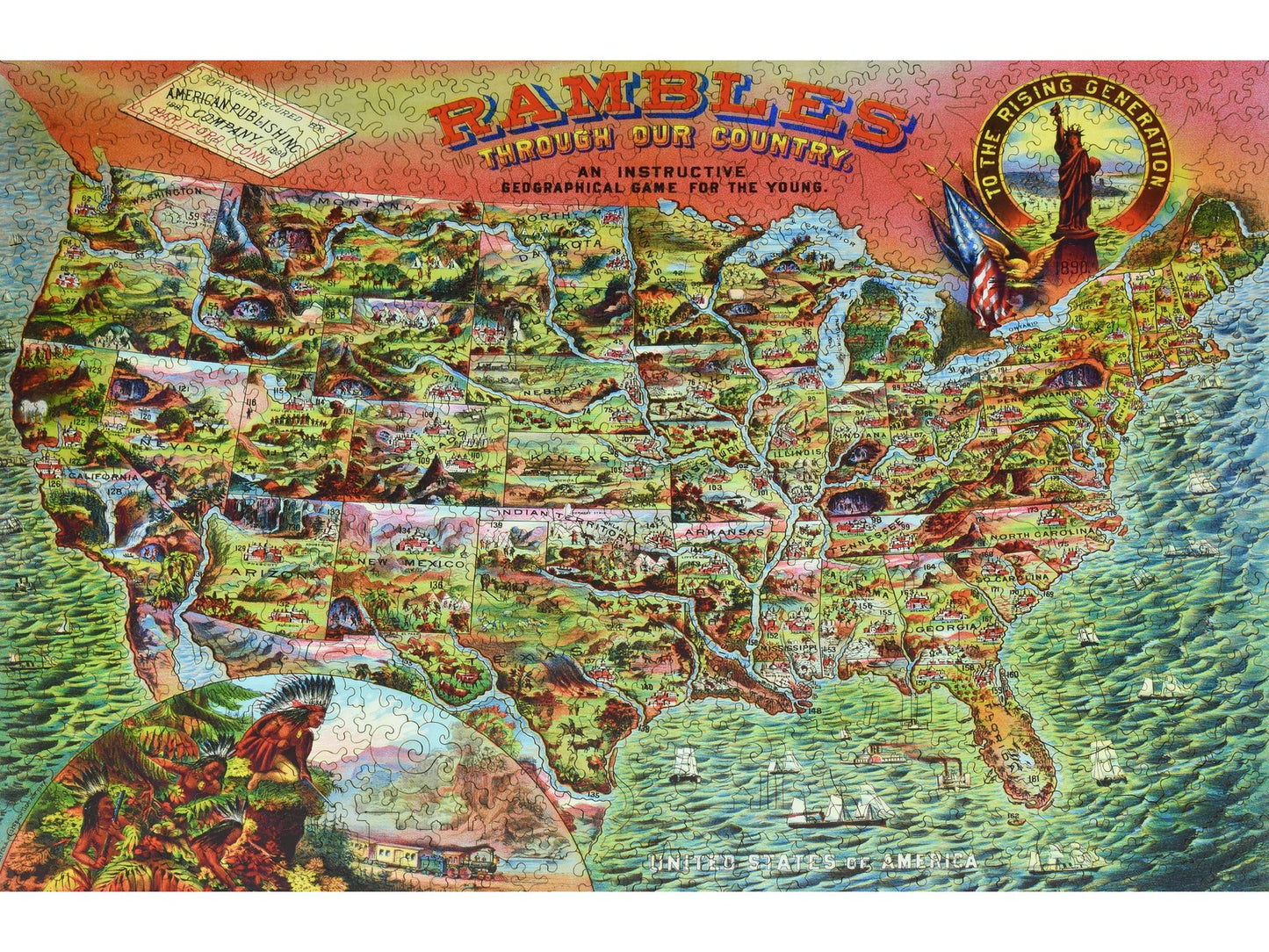The front of the puzzle, Rambles Through Our Country, which shows an illustrated map of the United States.