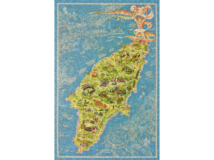 The front of the puzzle Rhodes, which shows a vintage map of the island.
