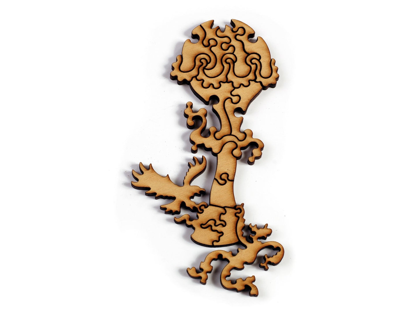 A closeup of pieces showing a man hanging out of a hot air balloon and a hawk.