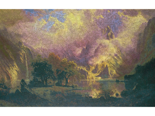 The front of the puzzle, Rocky Mountain Landscape, which shows a lake in the mountains.