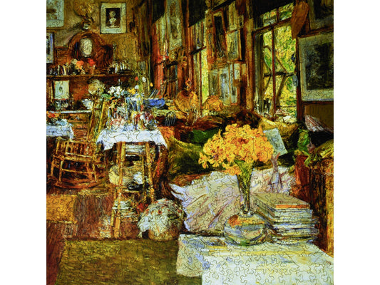 The front of the puzzle, The Room of Flowers, which shows a room with a vase of flowers.